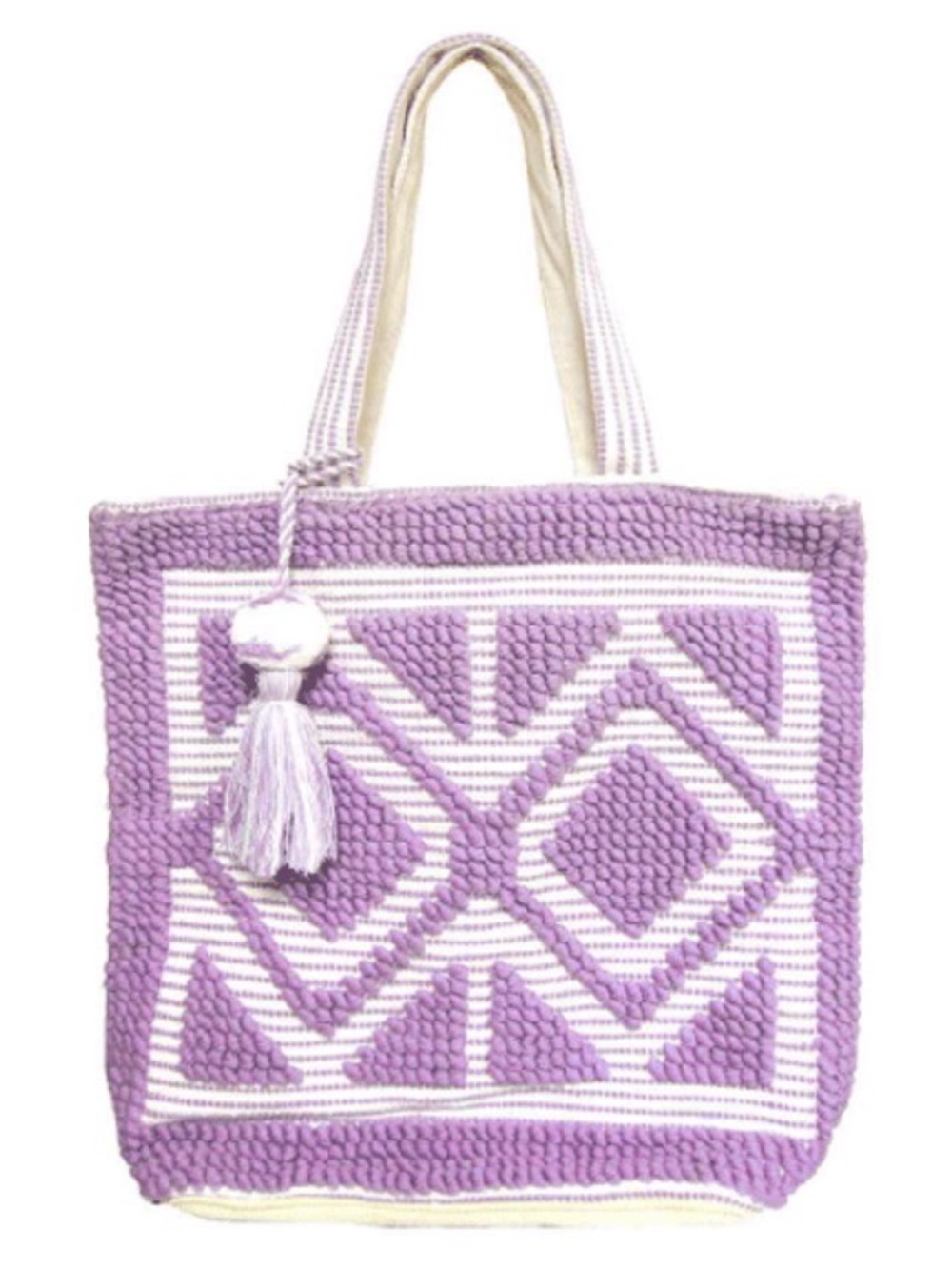NEW Fabulous MJ Light Purple Lavender & Cream Pom Pom Tassel 19" Beach Tote Bag